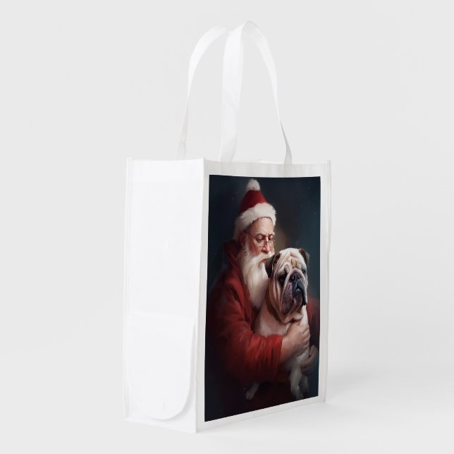 Bulldog With Santa Claus Festive Christmas  Grocery Bag (Front Side)