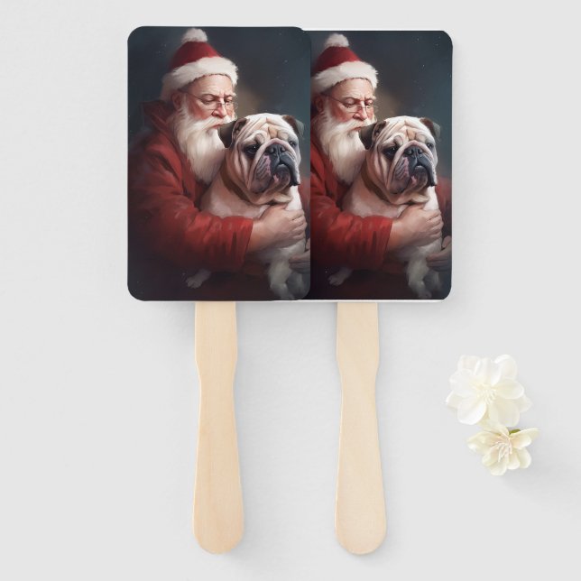 Bulldog With Santa Claus Festive Christmas  Hand Fan (Front and Back)