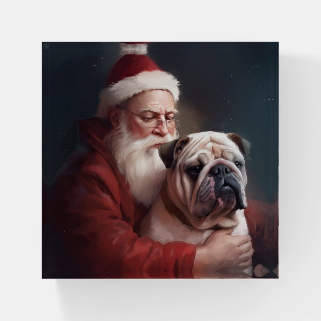 Bulldog With Santa Claus Festive Christmas  Paperweight (Front)