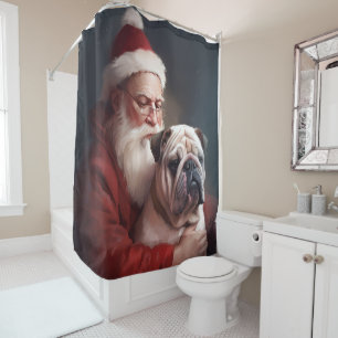 Bulldog With Santa Claus Festive Christmas Shower Curtain