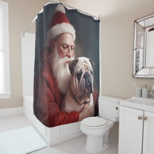 Bulldog With Santa Claus Festive Christmas  Shower Curtain