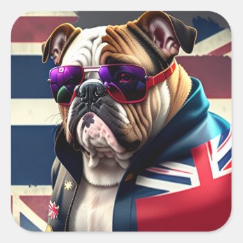 Bulldog With Union Jack Jacket Square Sticker by Theraven14 at Zazzle