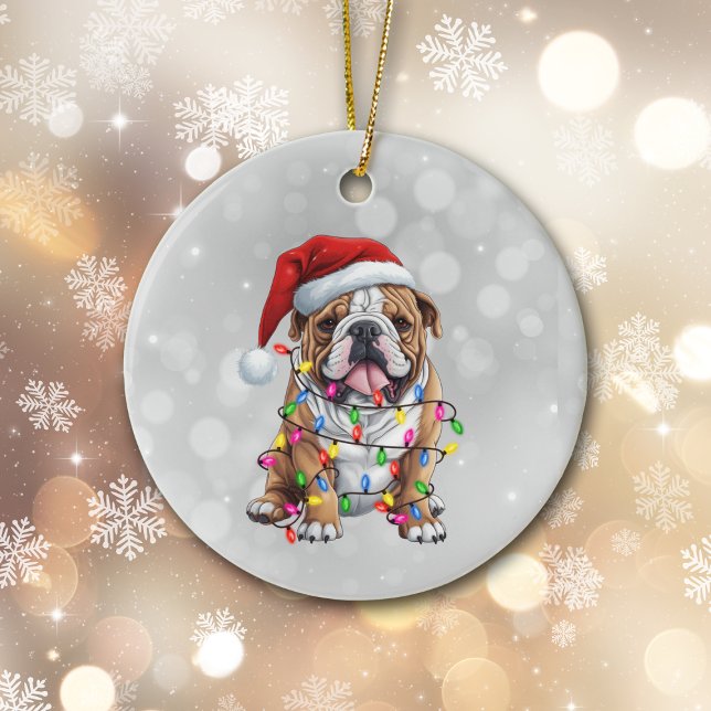 Bulldog Wrapped in Christmas Lights Ceramic Ornament (Creator Uploaded)