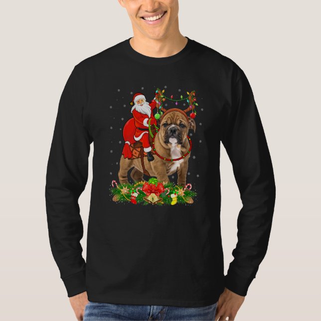 Bulldog Xmas Funny Santa Riding Bulldog Christmas T-Shirt (Front)