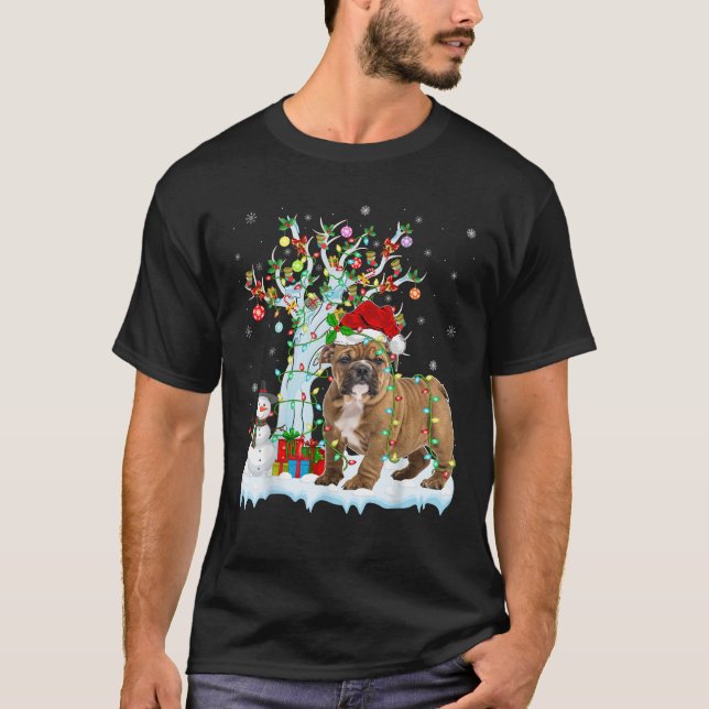 Bulldog Xmas Lighting Tree Santa Hat Bulldog Chris T-Shirt (Front)
