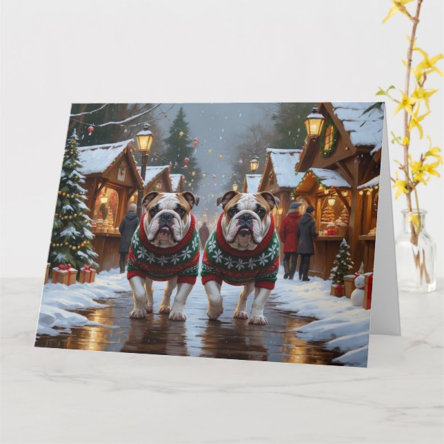 Bulldogs Christmas Snow Holiday Card (Yellow Flower)