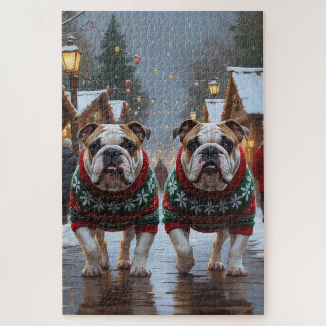 Bulldogs Christmas Snow Holiday Jigsaw Puzzle (Vertical)