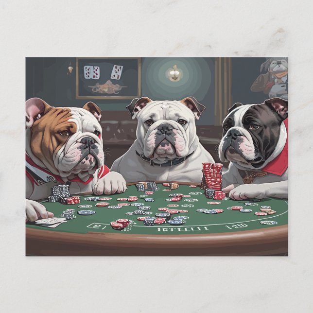 Bulldogs playing poker holiday postcard (Front)