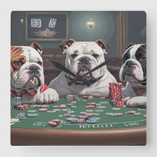 Bulldogs playing poker square wall clock