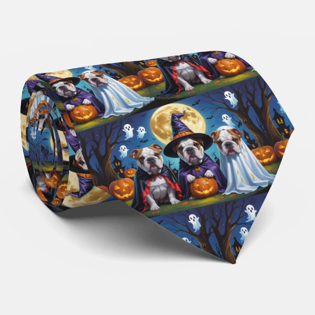 Bulldogs Pumpkin Halloween Funny  Neck Tie (Rolled)