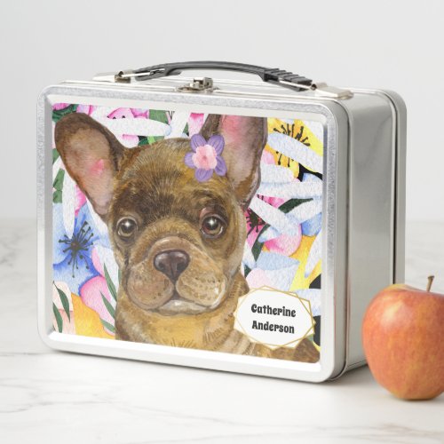 Bulldogs puppy dog colorful spring flowers name metal lunch box
