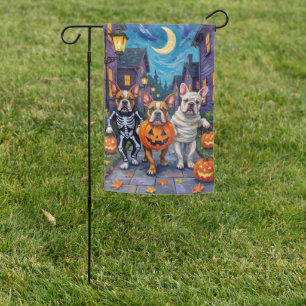 Bulldogs Trick-or-Treating in Halloween Costumes Garden Flag