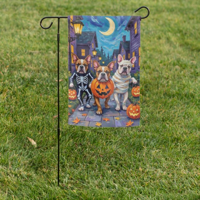 Bulldogs Trick-or-Treating in Halloween Costumes Garden Flag (In SItu)