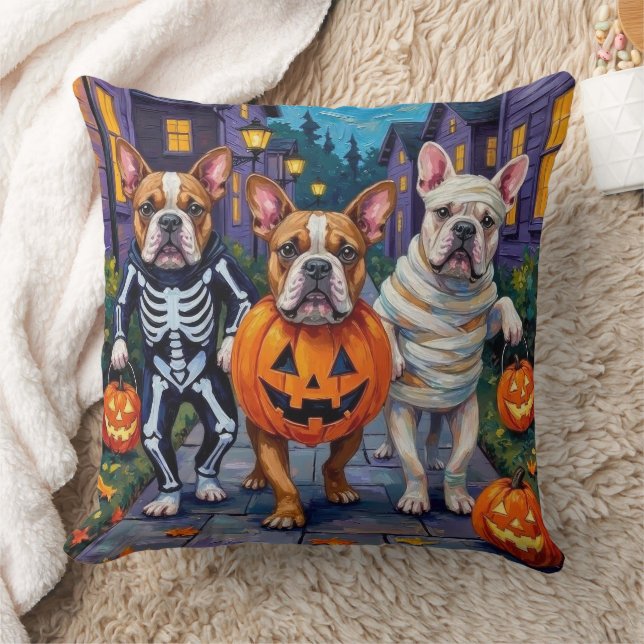 Bulldogs Trick-or-Treating in Halloween Costumes Throw Pillow (Blanket)