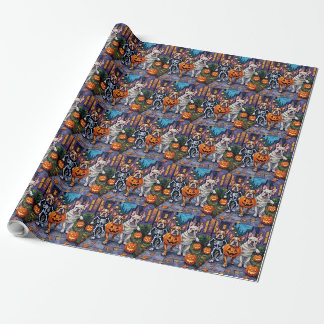 Bulldogs Trick-or-Treating in Halloween Costumes Wrapping Paper (Unrolled)