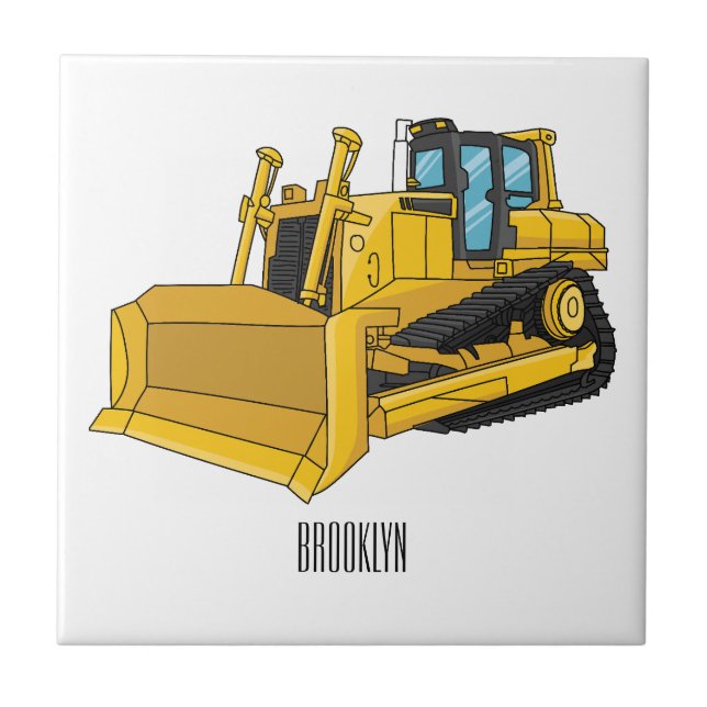 Bulldozer cartoon illustration ceramic tile (Front)