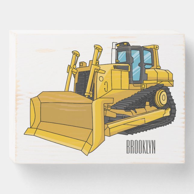Bulldozer cartoon illustration wooden box sign (Front Horizontal)