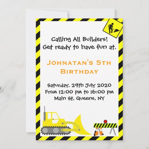 Bulldozer Construction Birthday Invitations