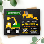 Bulldozer Construction Kids Birthday Party Invite<br><div class="desc">Amaze your guests with this cool construction birthday party invitation featuring two cute bulldozers with modern typography against a chalkboard background. Simply add your event details on this easy-to-use template to make it a one-of-a-kind invitation. Flip the card over to reveal a vibrant yellow and black stripes pattern on the...</div>