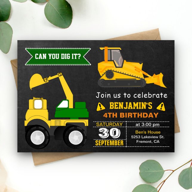 Bulldozer Construction Kids Birthday Party Invite
