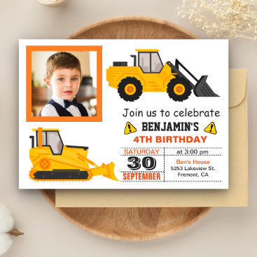 Bulldozer Construction Kids Birthday Photo Invite