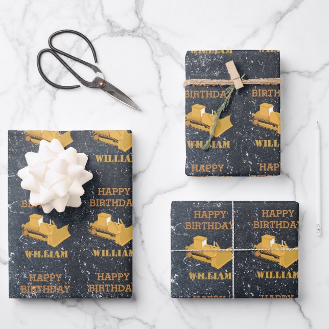 Bulldozer Construction Truck Birthday Boy Wrapping Paper Sheets (Front)