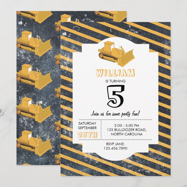 Bulldozer Construction Truck Birthday Invitation (Front/Back)