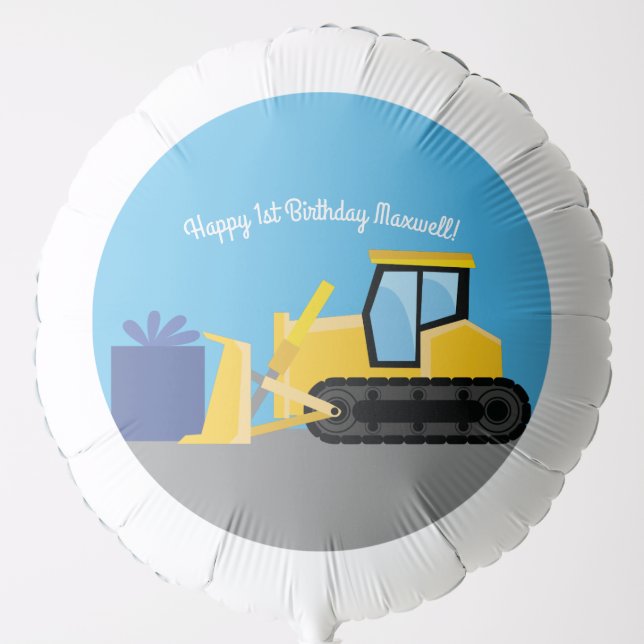 Bulldozer Cute 1st Birthday Party Construction Balloon (Front)