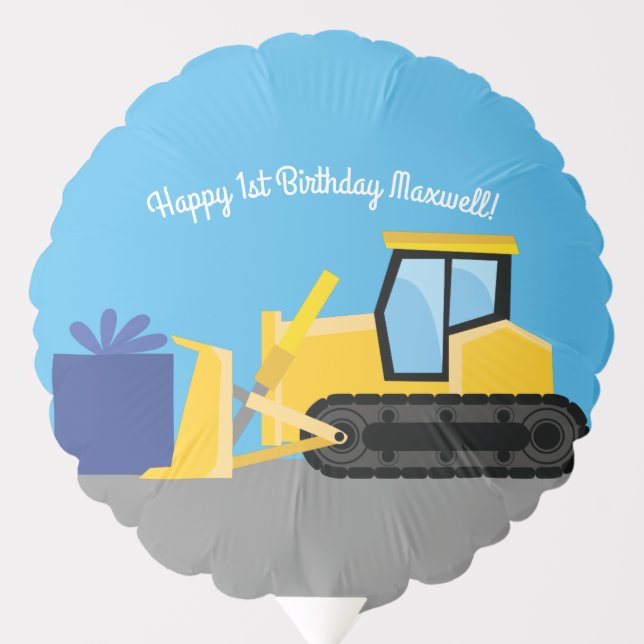Bulldozer Cute 1st Birthday Party Construction Balloon (Front)