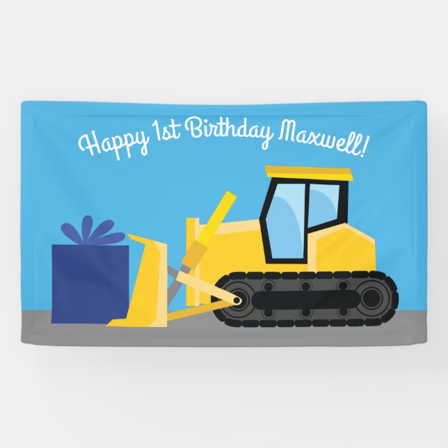 Bulldozer Cute 1st Birthday Party Construction Banner (Horizontal)