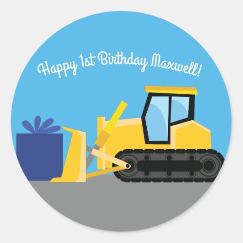 Bulldozer Cute 1st Birthday Party Construction Classic Round Sticker