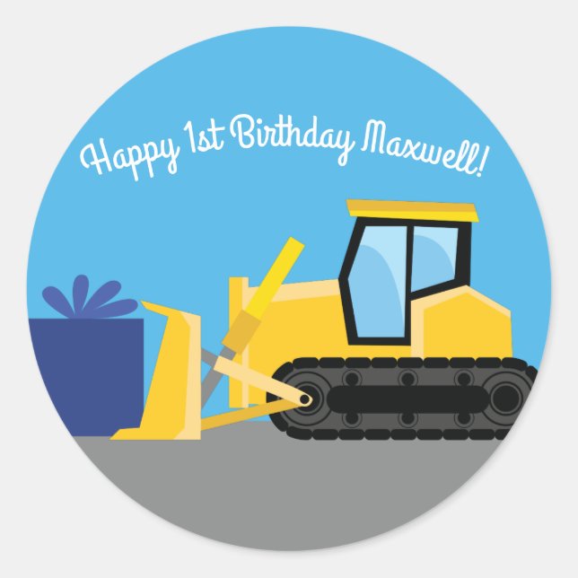 Bulldozer Cute 1st Birthday Party Construction Classic Round Sticker (Front)