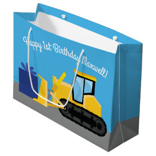 Bulldozer Cute 1st Birthday Party Construction Large Gift Bag