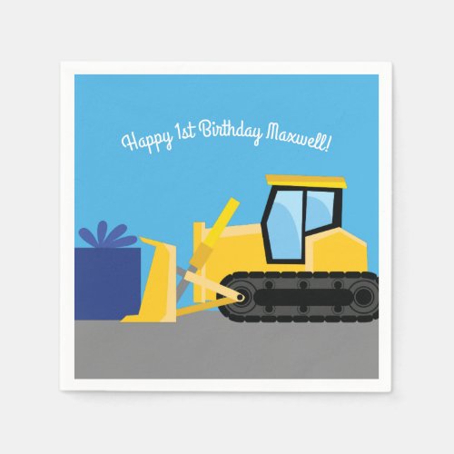 Bulldozer Cute 1st Birthday Party Construction Napkins