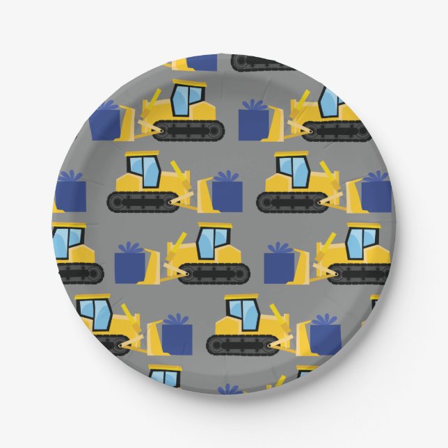 Bulldozer Cute 1st Birthday Party Construction Paper Plates (Front)