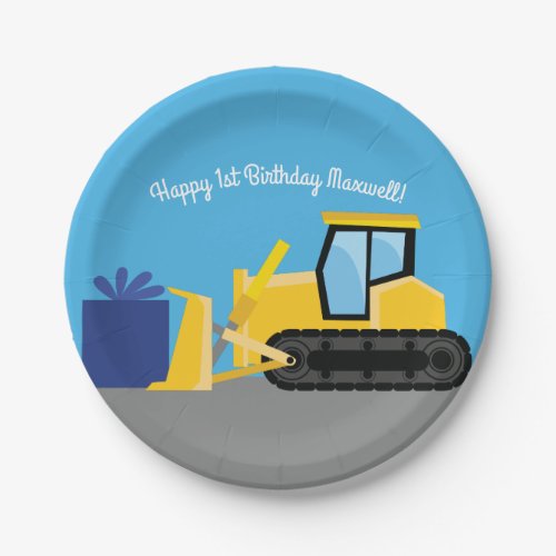 Bulldozer Cute 1st Birthday Party Construction Paper Plates