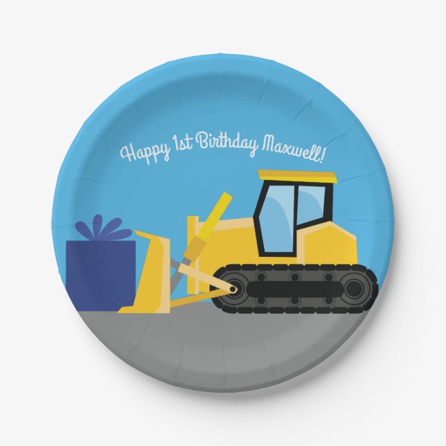 Bulldozer Cute 1st Birthday Party Construction Paper Plates (Front)