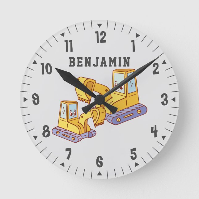 Bulldozers Construction Builder Boys Room Decor Round Clock (Front)