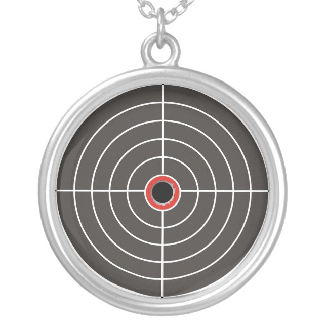 Bullet hole in the target - bull's eye shooting silver plated necklace (Front)