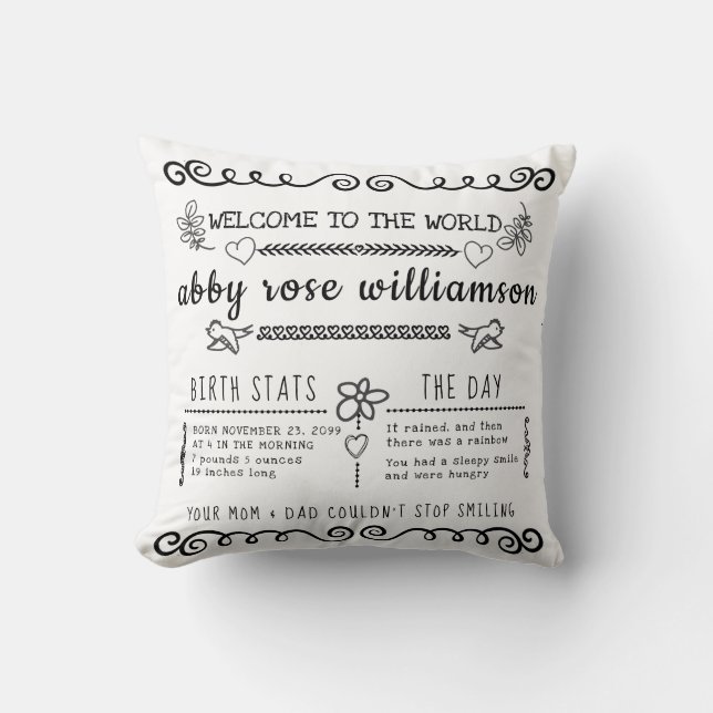 Bullet Journal Style Baby Birth Stats Keepsake Throw Pillow (Front)