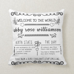 Bullet Journal Style Baby Birth Stats Keepsake Throw Pillow