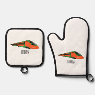 Bullet train cartoon illustration oven mitt & pot holder set
