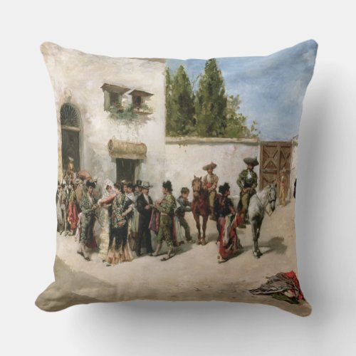 Bullfighters preparing for the Fight oil on panel Throw Pillow