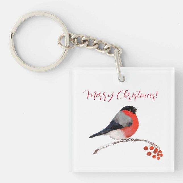 Bullfinch and red berries, Merry christmas Keychain (Front)