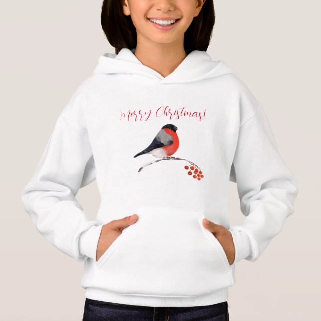 Bullfinch and red berries, Merry christmas T-Shirt Hoodie (Front)