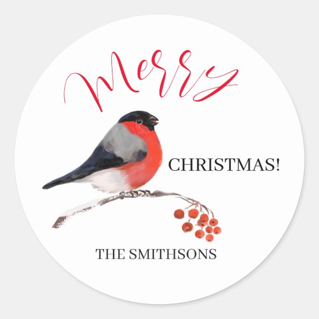 Bullfinch and red Rowan berries, Merry Christmas! Classic Round Sticker (Front)