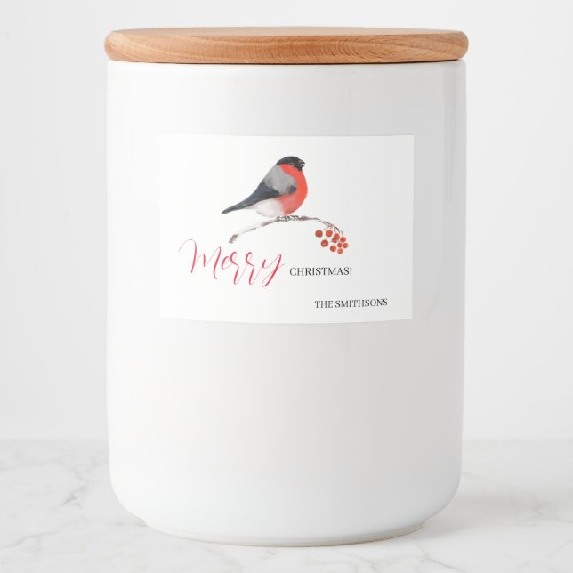 Bullfinch and red Rowan berries, Merry Christmas! Food Label (Front)