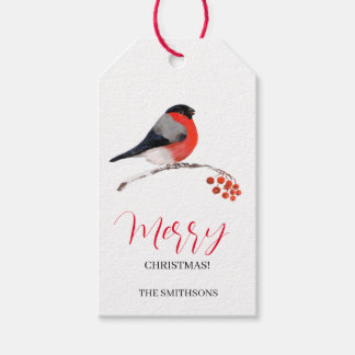 Bullfinch and red Rowan berries, Merry Christmas! Gift Tags