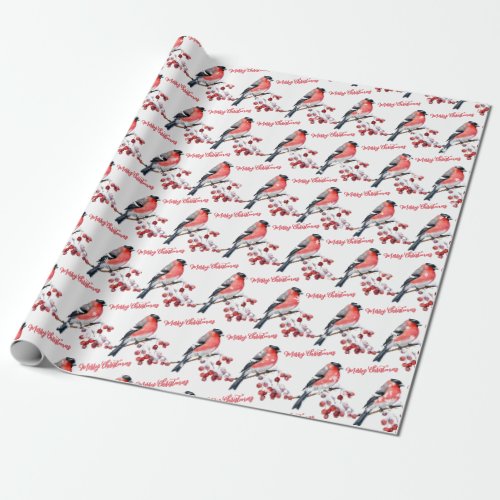 Bullfinch Bird Snowy Red Berries Merry Christmas Wrapping Paper