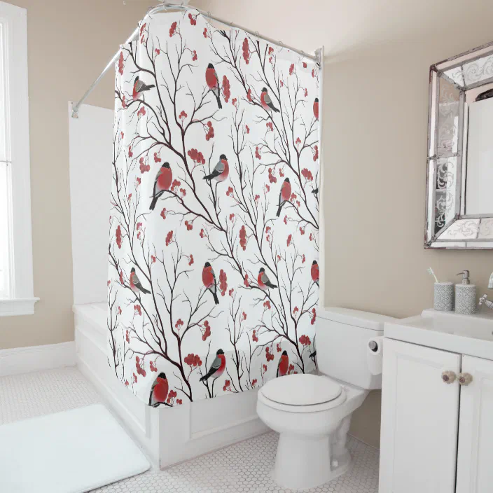Bullfinch Birds And Berries Marsala Red, Grey And Red Shower Curtain